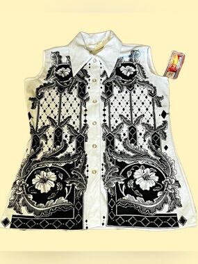 DEADSTOCK—NWT 60’s/70’s Button Down Sleeveless Black & White Top, Dagger Collar